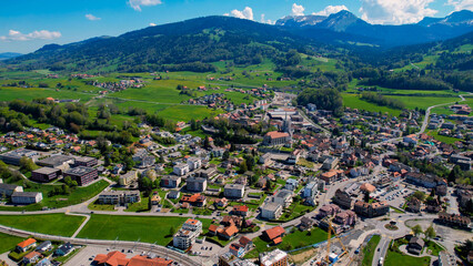 An Panoramic aerial of the old town of the city Châtel-Saint-Denis, in Switzerland on a sunny day in summer
