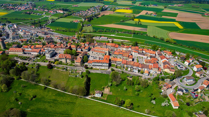 Panoramic aerial of the old town of the city Romont in Switzerland on a sunny afternoon in summer