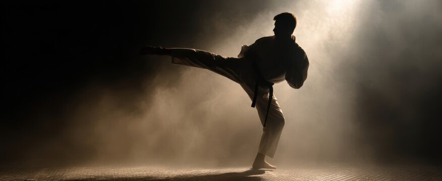 The karate practitioner executing a dynamic high kick in a dramatic setting.