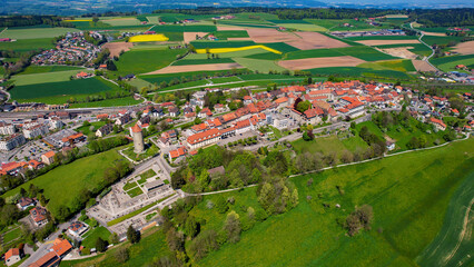 Panoramic aerial of the old town of the city Romont in Switzerland on a sunny afternoon in summer