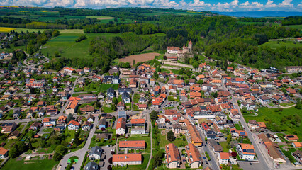 Panoramic aerial of the old town of the city Lucens in Switzerland on a sunny noon in summer