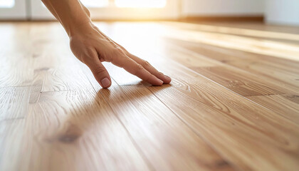 Hand's Touch on the Floor: A sunlit close-up reveals a hand gently gliding across a sleek, wooden floor, capturing the texture and warmth.