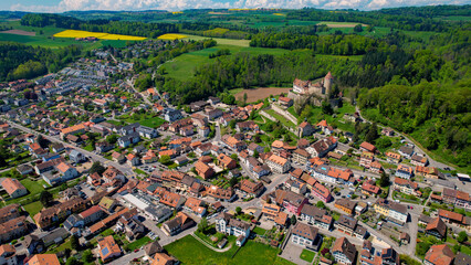 Panoramic aerial of the old town of the city Lucens in Switzerland on a sunny noon in summer