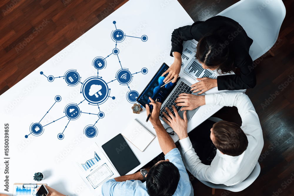 Poster A dynamic group of professionals engages in a collaborative meeting focused on computing solutions, utilizing cloud technology graphics and data analysis for strategic insights. Amity