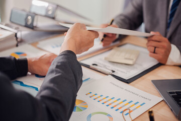 Business team discuss and explain marketing plan to plan financial strategy for business owner...