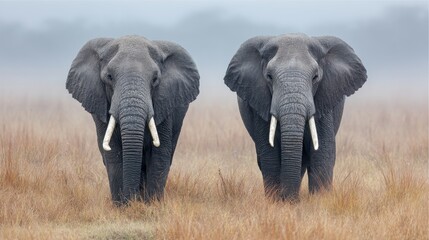Fototapeta premium Two elephants move gracefully through the tall grass of a vast open field, surrounded by a soft morning mist. The tranquil atmosphere highlights their majestic presence.