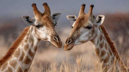 Obraz premium Two giraffes stand close together in the savanna, their long necks and distinctive spots visible. The warm colors of sunset envelop the landscape, creating a serene atmosphere.