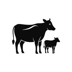 Fototapeta premium black silhouette of cow and calf doodle logo