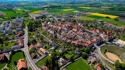 Panoramic aerial of the old town of the city Avenches in Switzerland on a sunny noon in summer