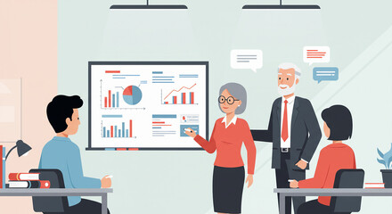 Flat Design Business Presentation on Whiteboard with Team of Workers – Office Meeting Concept