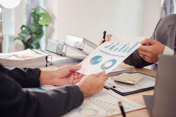 Business team discuss and explain marketing plan to plan financial strategy for business owner...