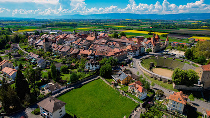 Panoramic aerial of the old town of the city Avenches in Switzerland on a sunny noon in summer