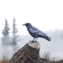 Single Crow Misty Morning, watercolor painting vector, isolated on a white background.