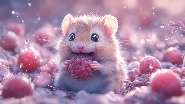 Cute little mouse eating a raspberry
