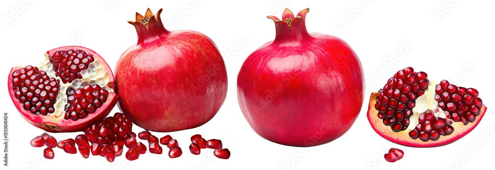 Poster png whole and sliced pomegranates with scattered seeds element set on transparent background.