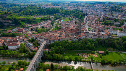 Panoramic aerial of the old town of the city Fribourg in Switzerland on a sunny noon in summer