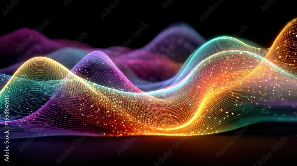 Poster a dynamic composition showcases flowing waves of colorful light against a dark background, represent