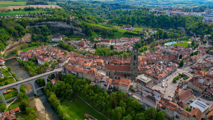 Panoramic aerial of the old town of the city Fribourg in Switzerland on a sunny noon in summer