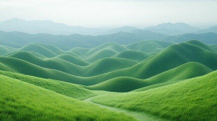 Obraz premium Gentle, rolling green hills stretch into a hazy mountain range