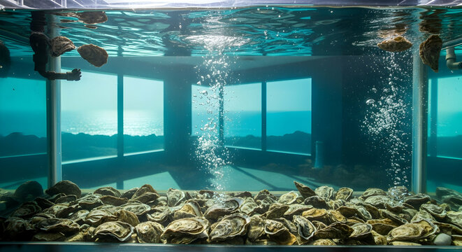 Oyster Culture Exhibit Featuring Bubbles And A Coastal Vista Background