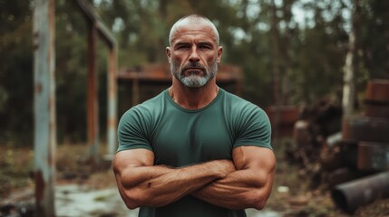 Fototapeta premium This portrait of a muscular man standing confidently in an outdoor setting showcases strength and resilience, highlighting the interplay between masculinity and nature.
