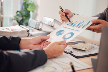 Business team discuss and explain marketing plan to plan financial strategy for business owner...