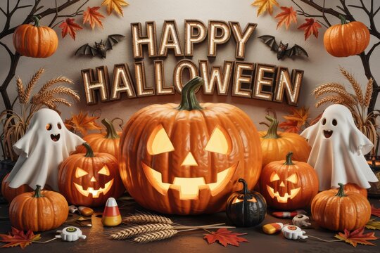 Happy halloween scene with pumpkins and ghosts