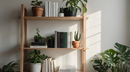 Scandinavian Bookshelf with Plants and Light Wall – Home Office Background