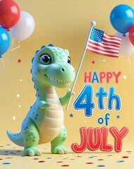 Cute patriotic dinosaur celebrating Independence Day with festive elements.