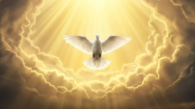 Dove Descending in Heavenly Light - A white dove descends from a radiant golden sky, its wings spread wide. Sunbeams pierce through the clouds, creating a dramatic and ethereal scene.