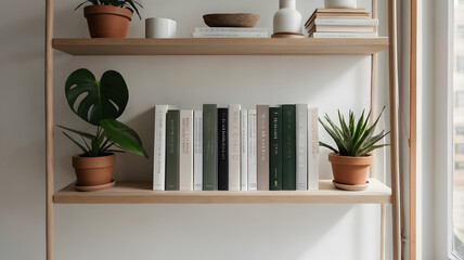 Scandinavian Bookshelf with Plants and Light Wall – Home Office Background