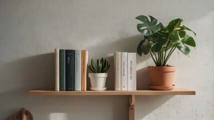 Scandinavian Bookshelf with Plants and Light Wall – Home Office Background