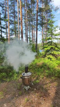 Traditional Russian Samovar in Rustic Style Producing Steam in Forest Greenery, Summer Day, Outdoor Tea Concept