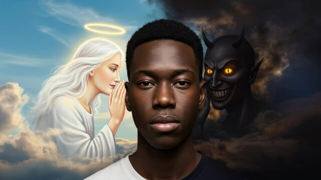 Man Tempted by Good and Evil - A young man is flanked by an angel whispering in his left ear and a devil whispering in his right, symbolizing the internal struggle between good and evil.