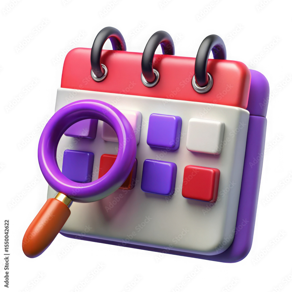 Aufkleber 3d render of a colorful calendar with magnifying glass isolated on transparent background
