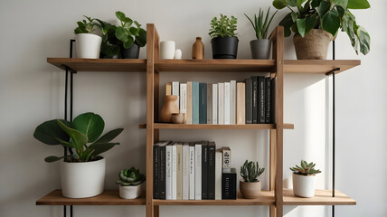 Scandinavian Bookshelf with Plants and Light Wall – Home Office Background