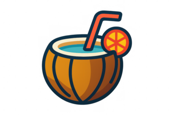 Cartoon-style coconut drink with a straw and orange slice, isolated on a transparent background, perfect for summer and travel themes