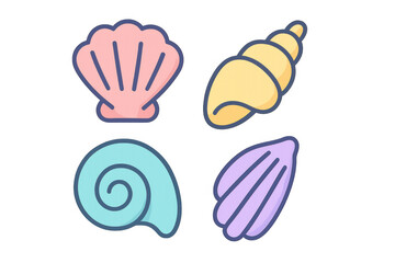 Cartoon style illustration featuring four seashells in various shapes and colors, set against a transparent background
