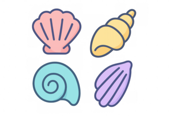 Cartoon style illustration featuring four seashells in various shapes and colors, set against a transparent background