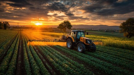 Fototapeta premium A tractor operates in a lush green field, spraying crops as the sun sets, casting a warm glow over the landscape, highlighting the importance of agriculture.