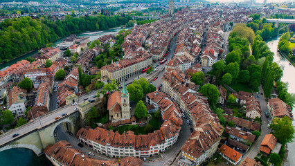 Panoramic aerial of the old town of the capitol city Bern in Switzerland on a sunny afternoon in summer