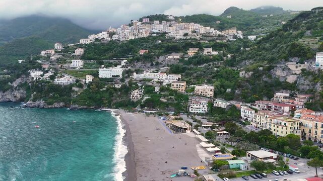 Drone footage of seaside Vietri sul Mare town, Campania, Italy