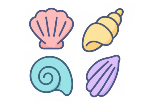 Cartoon style illustration featuring four seashells in various shapes and colors, set against a transparent background