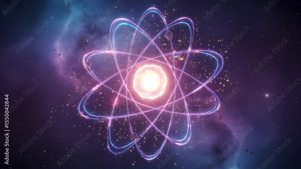 Aufkleber atomic structure in space nebula - a stylized atomic model is depicted against a backdrop of a vibra