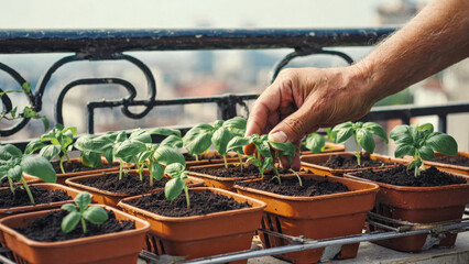 A hand tending to small green plants in terracotta pots on a balcony. The scene captures urban gardening and sustainable living.