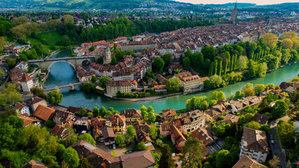 Panoramic aerial of the old town of the capitol city Bern in Switzerland on a sunny afternoon in summer