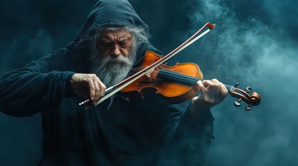 Fototapeta premium An enigmatic older man in a hooded cloak passionately plays his violin amidst fog, conveying a sense of deep emotion and artistic expression, transporting listeners to a different realm.