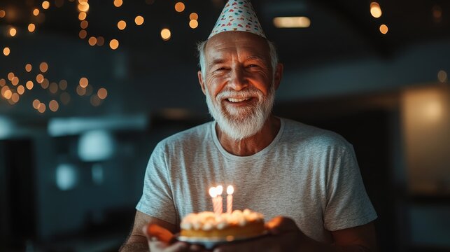 A joyful elderly man in a party hat holds a birthday cake with candles, radiating happiness and warmth in a cheerful celebration filled with loving moments and laughter. - Powered by Adobe