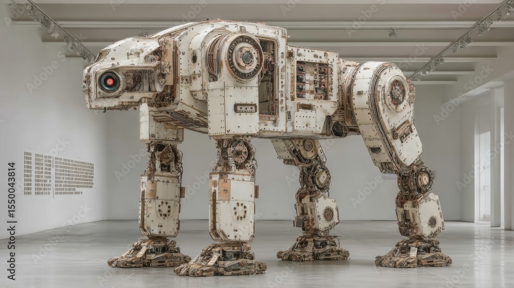 Poster a large robotic structure resembling a creature stands in a contemporary art gallery, showcasing int