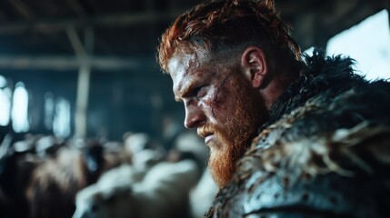 An intense portrait of a rugged warrior, showcasing a fierce expression amidst a gritty background, emphasizing themes of strength, battle, and human condition in a dramatic art style.